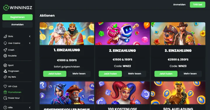 Bonusbereich auf der Website von Winningz