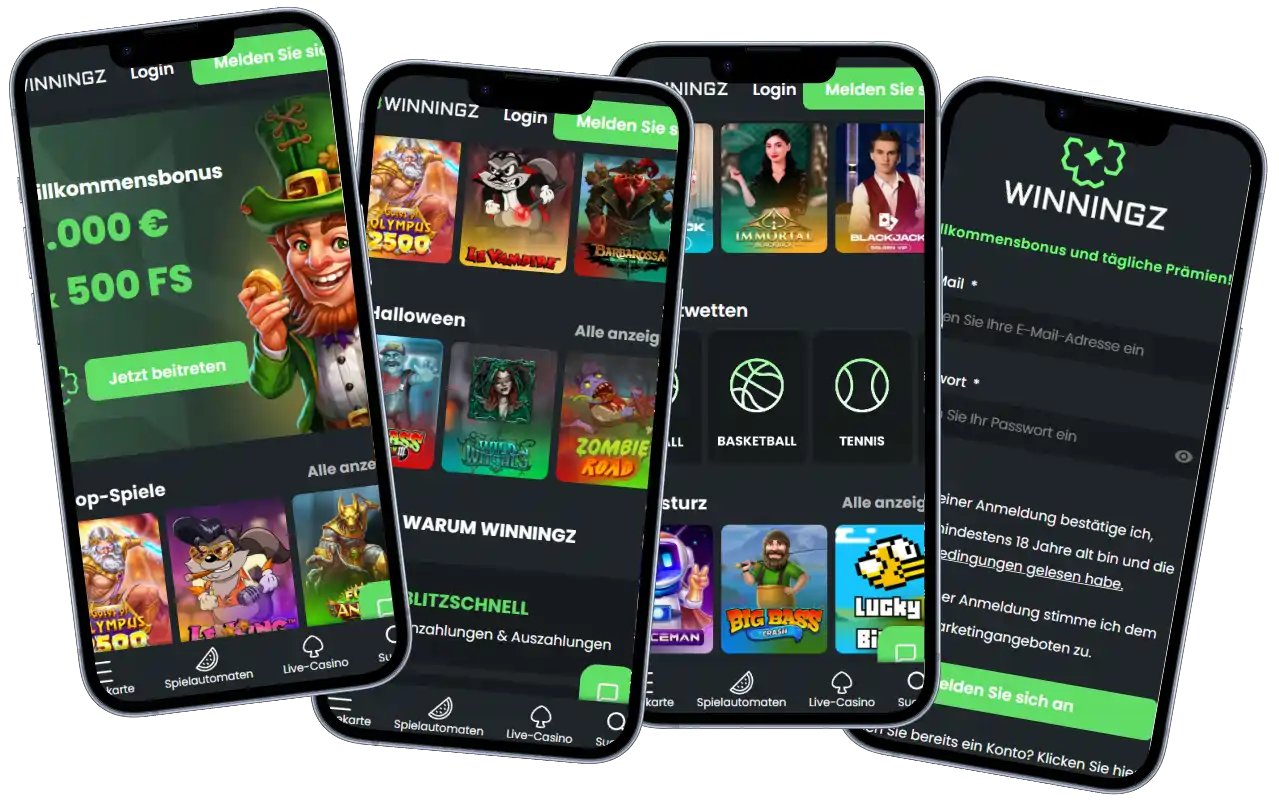 Winningz Casino mobile Version mit Willkommensbonus, Spielautomaten, Live Casino, Sportwetten und Registrierungsformular