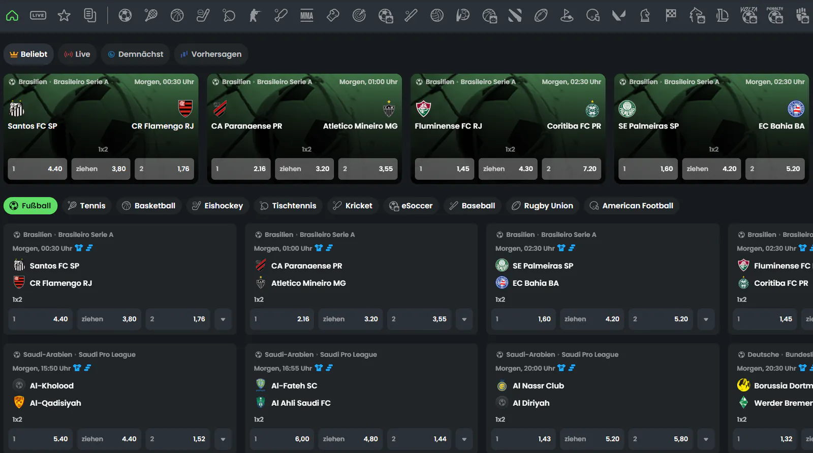 Winningz Casino Sportwetten mit Fußballspielen, Wettquoten, Live-Wetten und Sportarten wie Tennis, Basketball und Eishockey