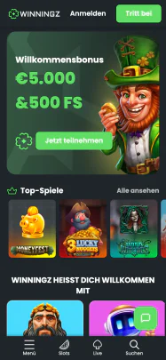 Winningz in der mobilen Version: Slots und Live-Casino