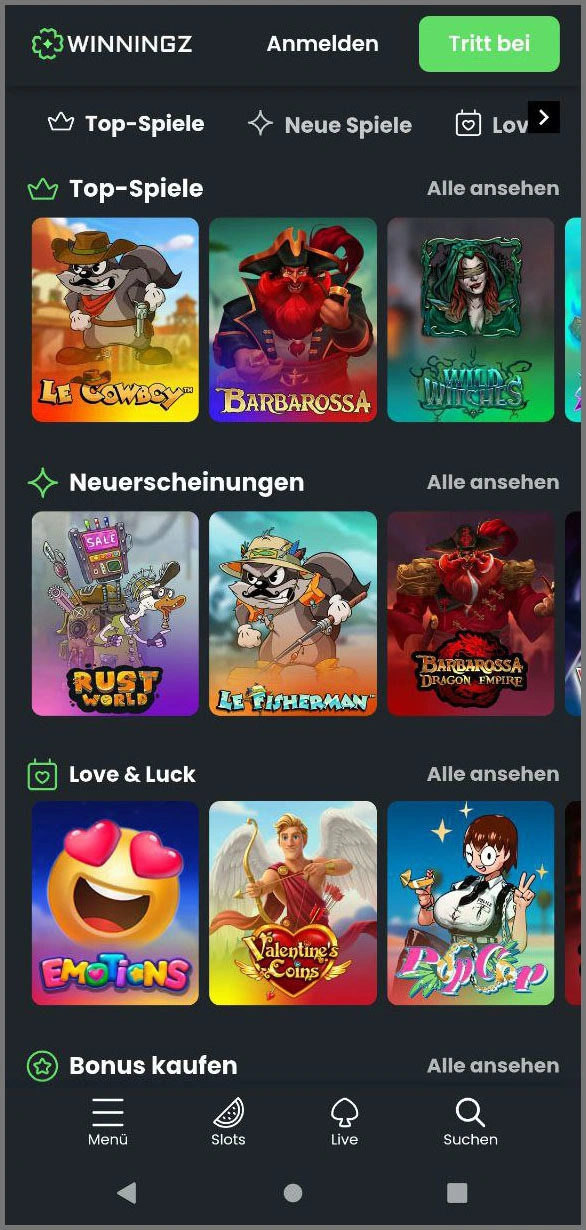 Vollständige Übersicht der Casino-Spiele bei Winningz