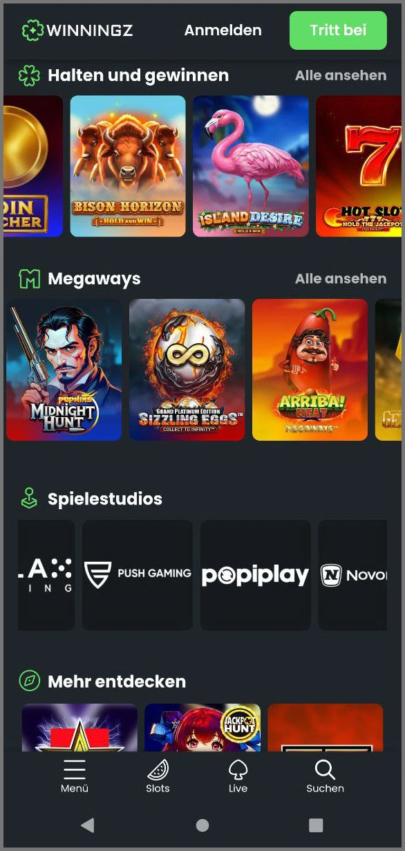 Alle Slots und Casino-Spiele bei Winningz für deutsche Spieler