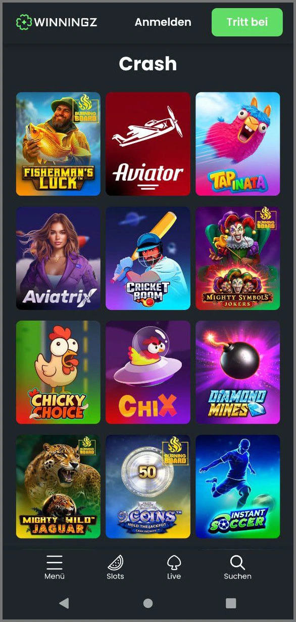 Crash Spiel im Winningz– Einsatz setzen & live zocken